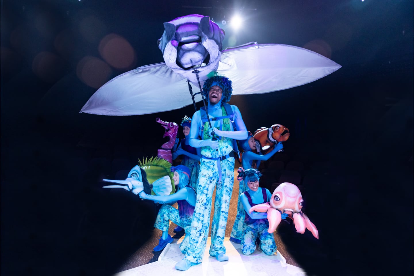 Charlie Scott Long (front left) performing in Finding Nemo the Musical alongside Lorenzo Rush Jr., Meena Sood, Genevieve Jane, and Avelyn Lena Choi.