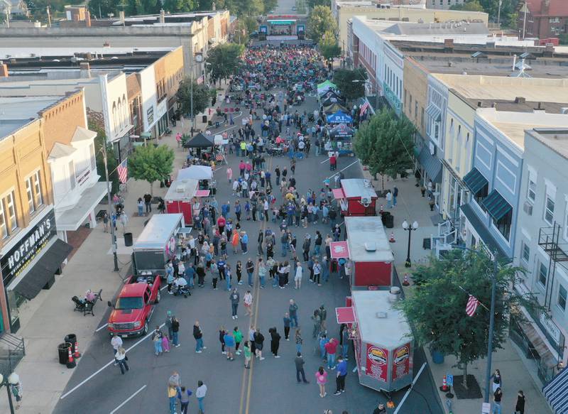 A large crowd fills South Main Street to hear music by Electric Avenue- The 80's MTV Experience on Thursday, Sept. 4, 2025 during the Homestead Festival in Princeton.
