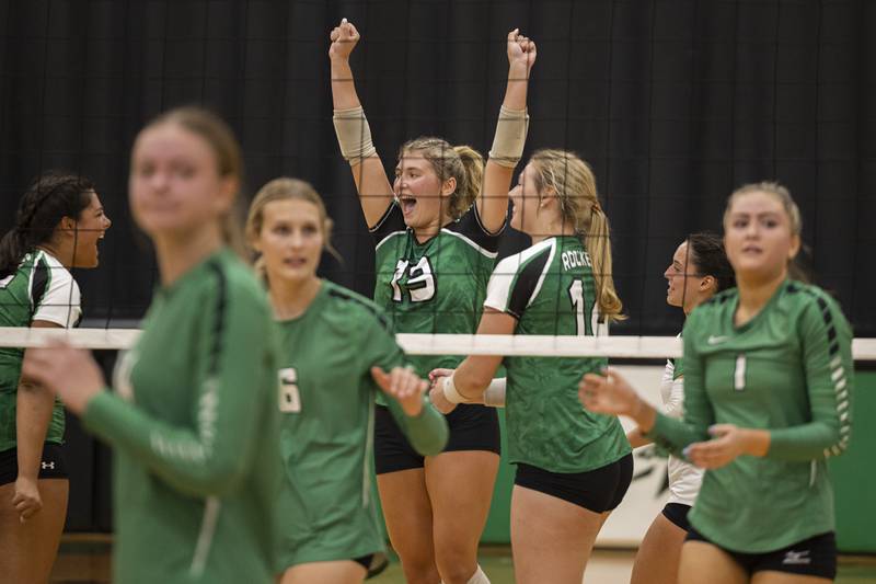 Rock Falls’ Claire Bickett celebrates a first game win against Geneseo Tuesday, August 22, 2023.