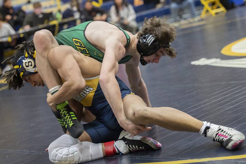 Sterling’s Tatum Allen and Geneseo’s Grady Hull face off in a 157 pound match Friday, Jan. 31, 2025, during the Western Big 6 conference wrestling tournament held at Sterling High School.