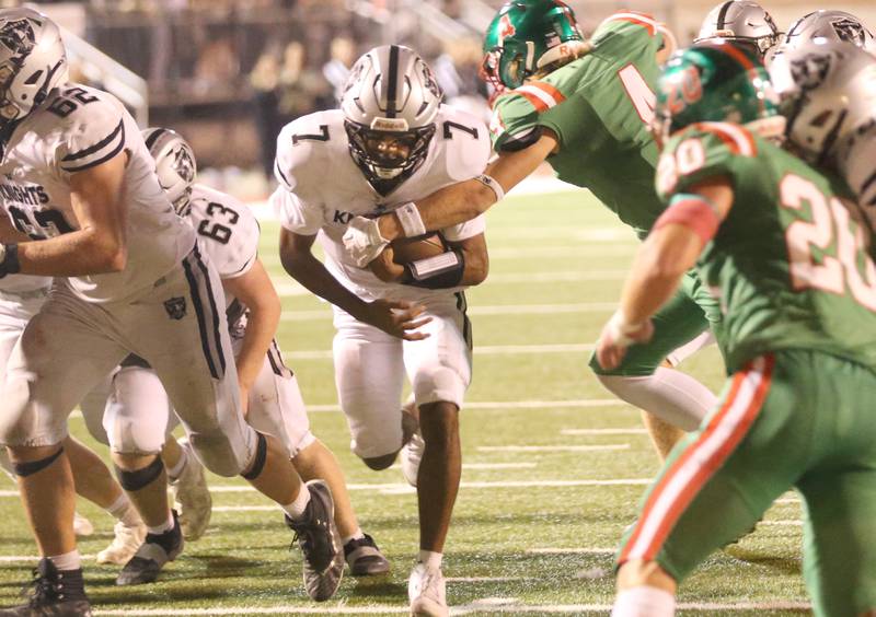 Kaneland quarterback Jalen Carter finds a hole to run in for the touchdown against L-P on Friday, Oct. 17, 2025 at Howard Fellows Stadium.