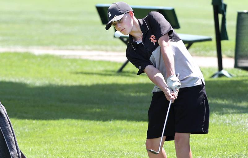 DeKalb's Daniel Rowan Jr. chips onto the green on the 3rd hole Monday, Aug. 22, 2022, during the Mark Rolfing Cup at Kishwaukee Country Club in DeKalb.