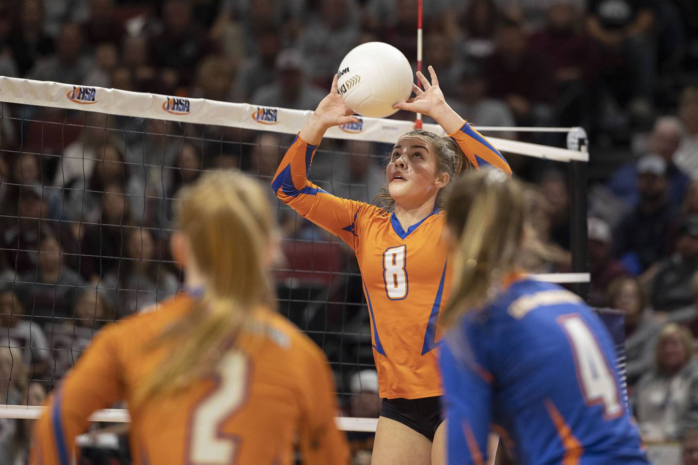 Genoa-Kingston’s Alivia Keegan sets the ball Friday, Nov. 11, 2022 in the class 2A semifinal game against IVC.