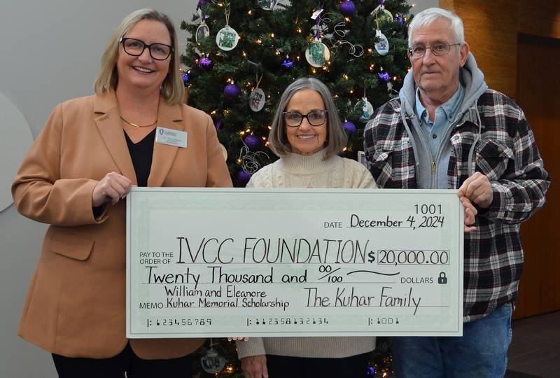 The Kuhar family established a scholarship in memory of their parents, William and Eleanor, to support aspiring nurses. Pictured with IVCC President Dr. Tracy Morris are Kristie (Kuhar) Hunter and Bob Kuhar.