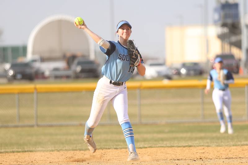 Plainfield South’s Lexi Panozzo throws to first base against Lincoln-Way West on Tuesday, March 24, 2026 in Plainfield.