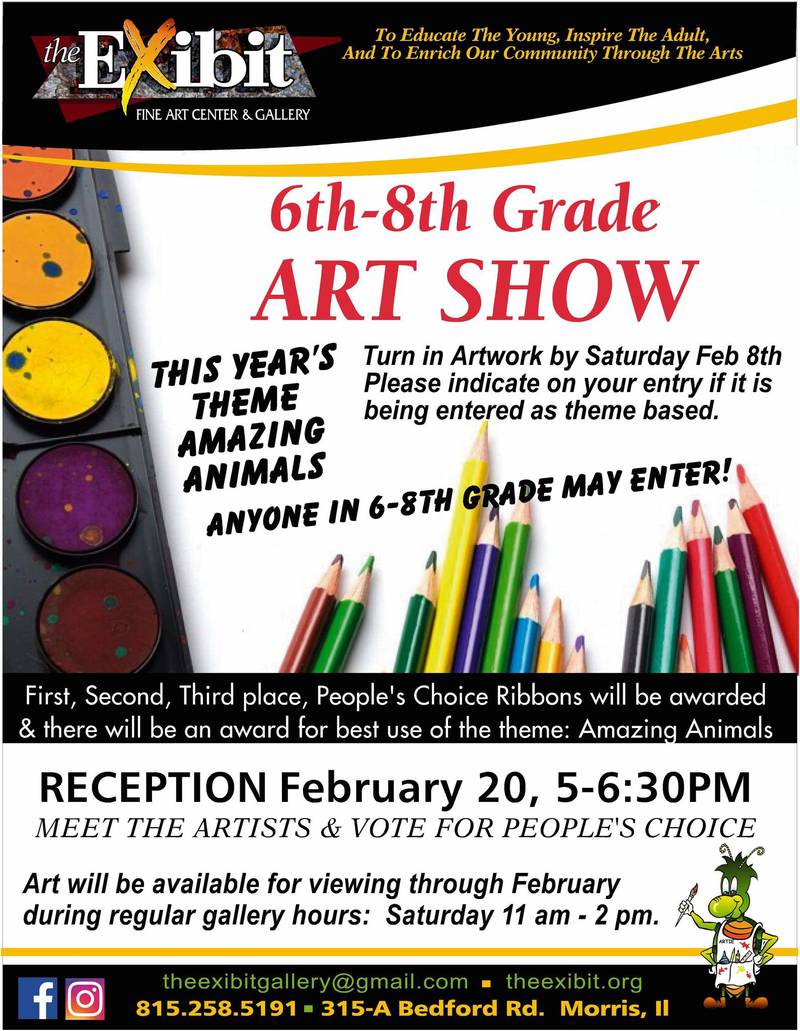 The flyer for the middle school art show hosted by the Exibit Fine Art Center and Gallery.