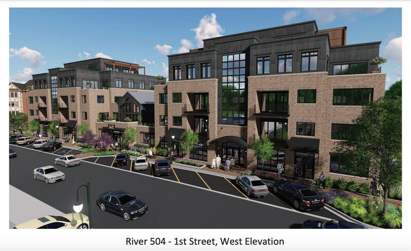 Rendering River 504, a condominium complex proposed at the corner of First and Prairie Streets in St. Charles.