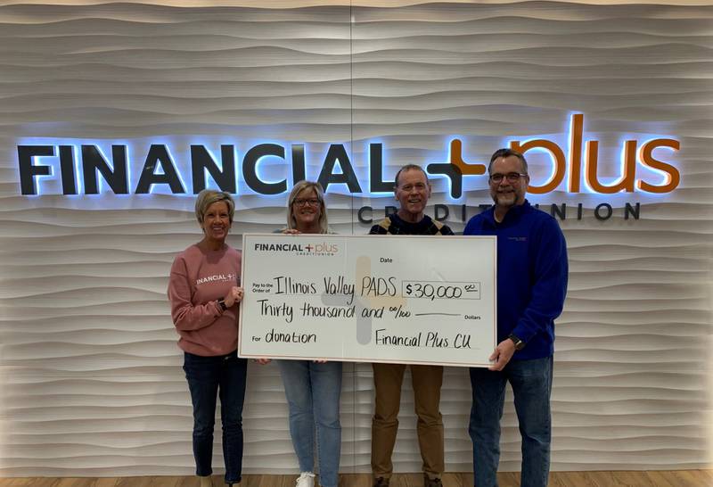 Pictured (from left to right) Financial Plus Community Relations Coordinator Shelly Carey, Financial Plus EVP/COO Dianne Bangert, IV PADS Board Member and Campaign Chair Tom Rooney and Financial Plus President/CEO Peter Fau