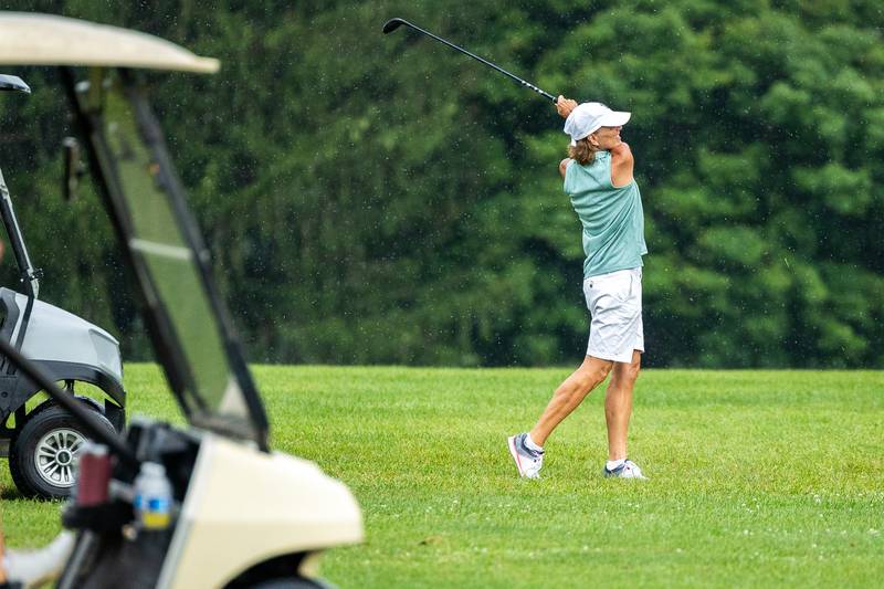 Julie Schmitt of Deer Park hits on fairway on Saturday, August 10, 2025 at the annual Illinois Valley Women's Golf Tournament at Edgewood Golf Club in McNabb.