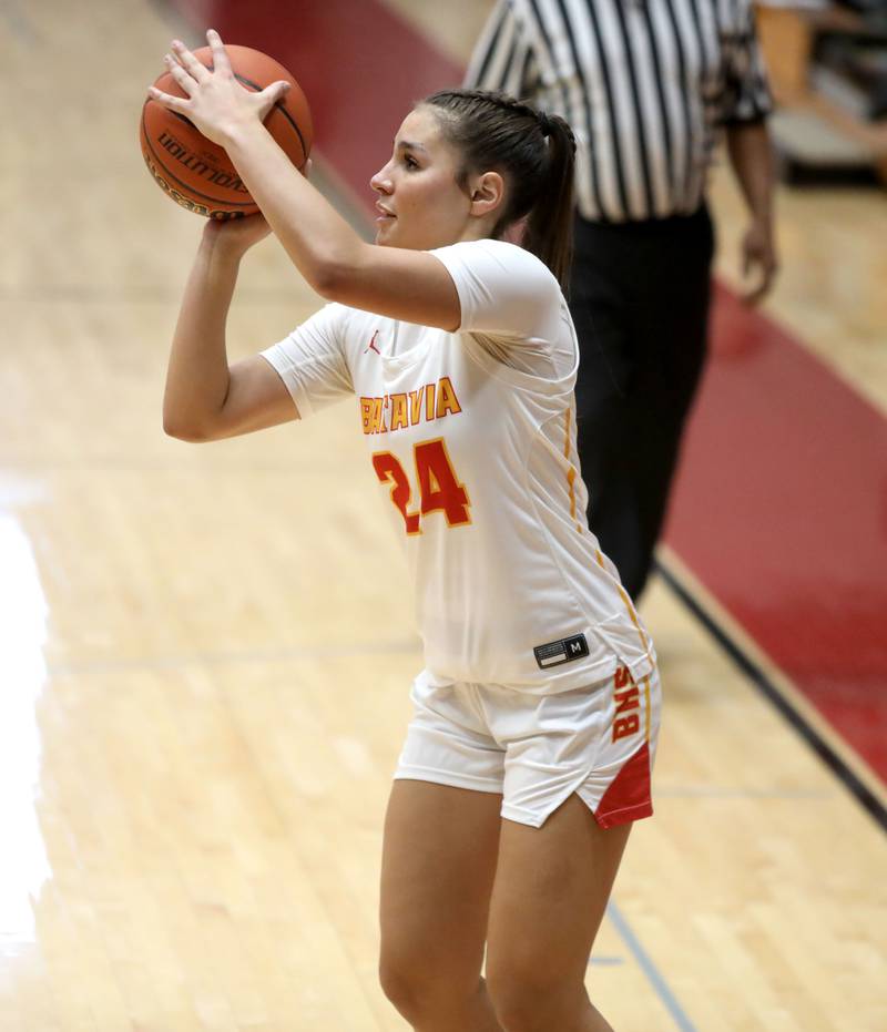 Batavia’s Hallie Crane shoots the ball during a Class 4A Batavia Sectional semifinal game against St. Charles East on Tuesday, Feb. 20, 2024.