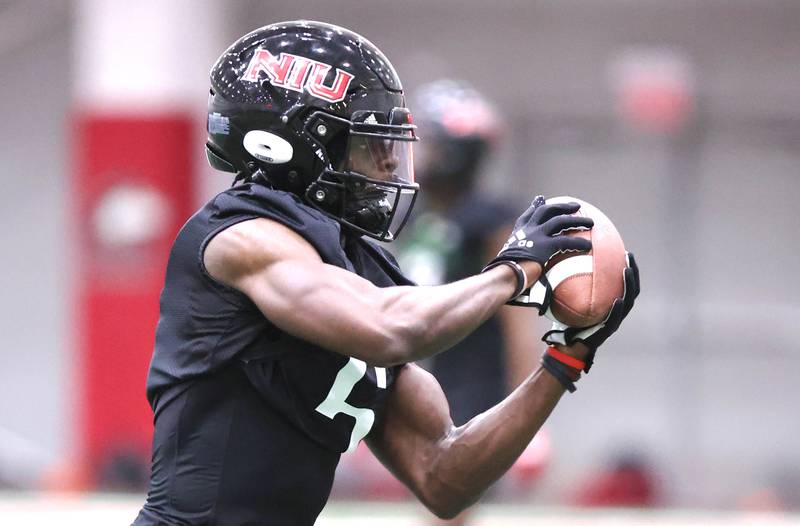 Northern Illinois cornerback Gabriel Amegatcher catches a pass during a drill in their first spring practice Wednesday, March 22, 2023, in the Chessick Practice Center at Northern Illinois University in DeKalb.