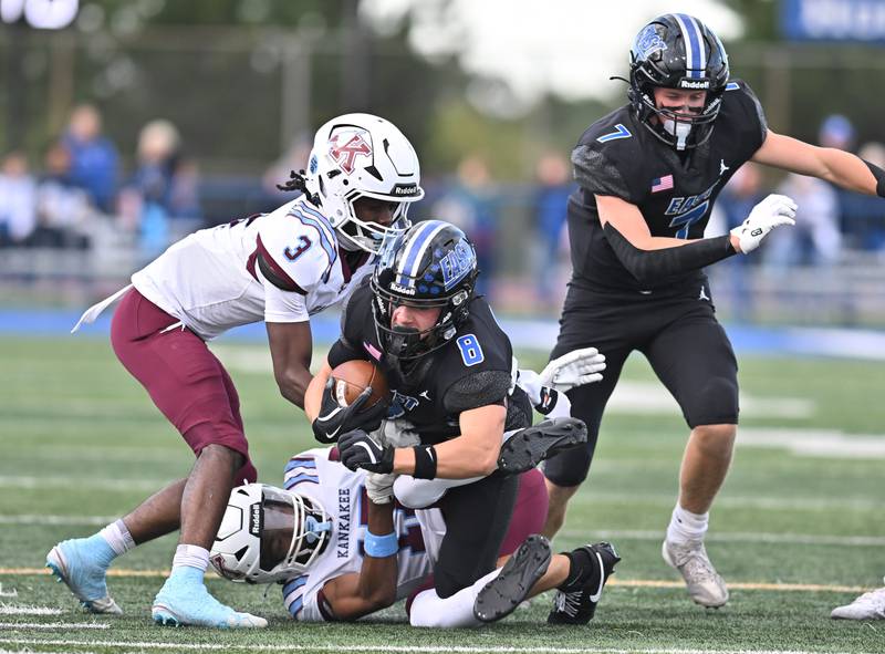 Lincoln Way East's Matt Orban (8) in action during the non-conference game against Kankakee on Friday, Sept. 05, 2025, at Frankfort.