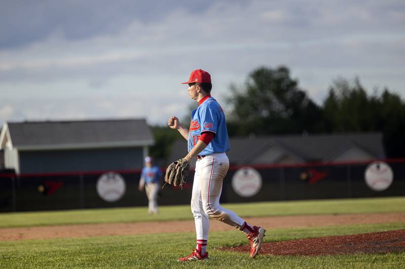 Oregon’s Jack Washburn celebrates the final out against Rock Falls in the Stillman Valley Class 2A Regional semifinal Thursday, May 22, 2025. Oregon won 3-0.