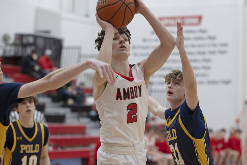 Amboy’s Eddie Jones puts up a shot Wednesday, Jan. 25, 2023 in a game against Polo.