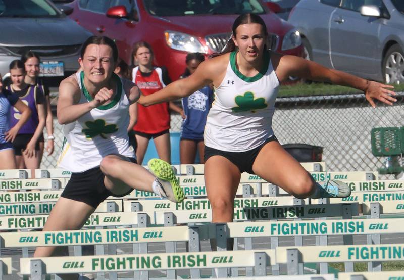 Seneca's Lilly Pfeifer races Elsa Douglas in the 100 meter hurdles during the Class 1A Sectional meet on Thursday, May 14, 2026 at Seneca High School.