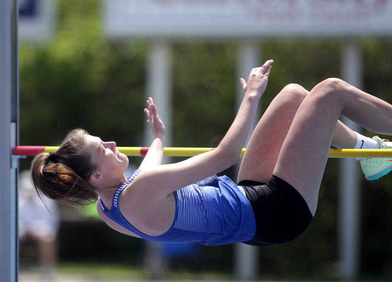 Woodstock’s Hallie Steponaitis competes in the 2A high jump competition during the IHSA State Track and Field Finals at Eastern Illinois University in Charleston on Saturday, May 20, 2023.