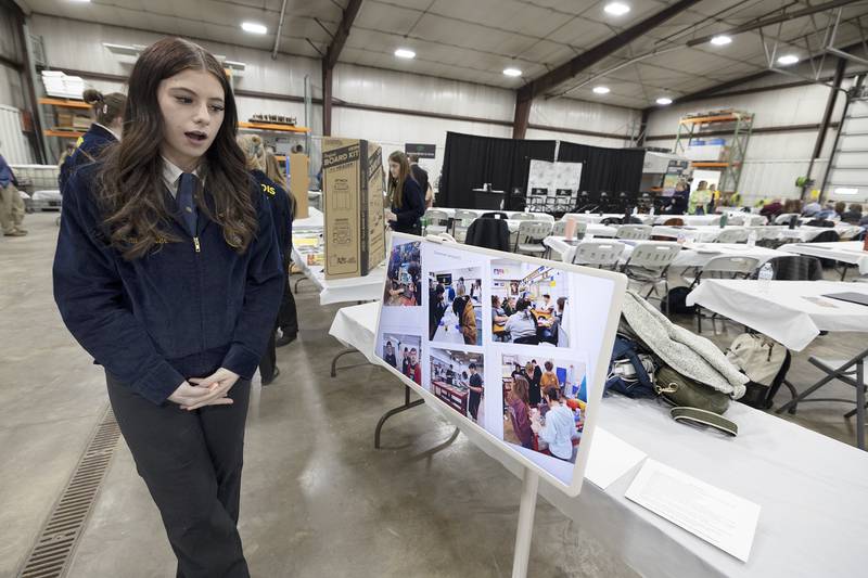 Raelynn Grover, AFC FFA member, talks about the program Friday, Feb. 27, 2026, at Cultivating Connections in Agriculture in Nachusa. The event brings FFA programs from across the area to meet, learn and exchange ideas.