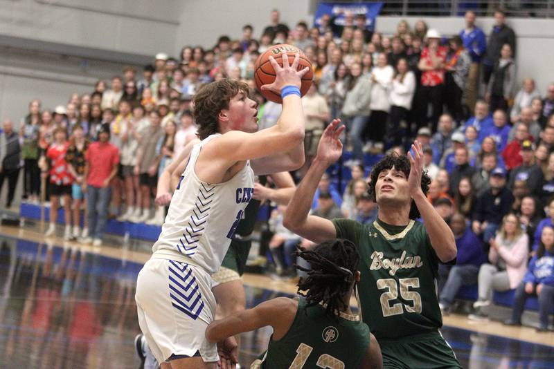 Burlington Central’s Nicholas Gouriotis takes a shot against Rockford Boylan in IHSA Class 3A sectional action at Burlington Central High School on Wednesday night.