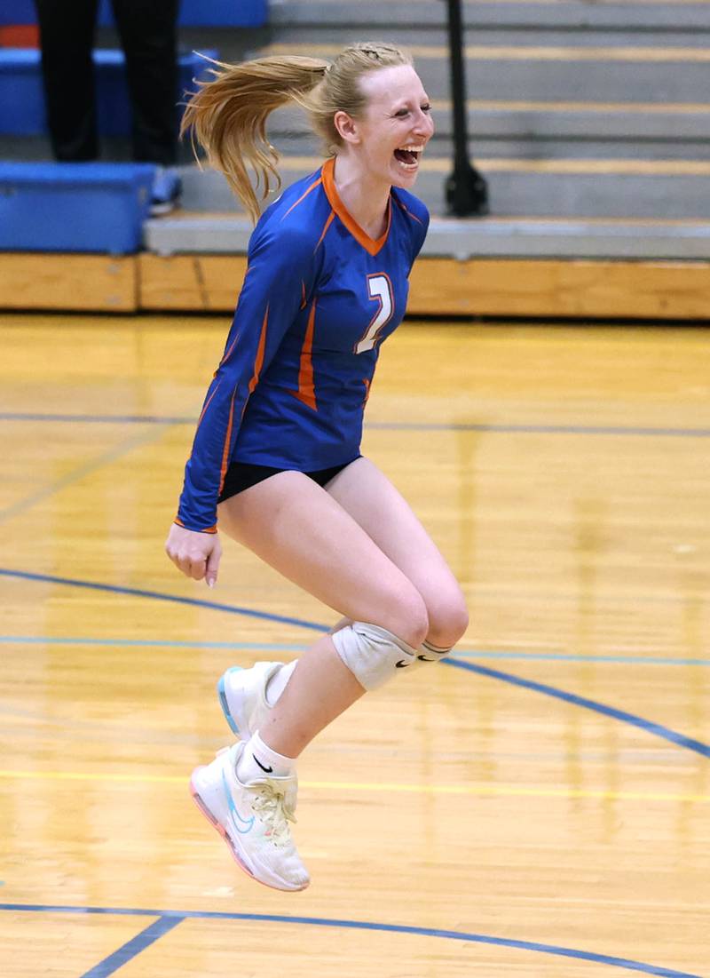 Genoa-Kingston's Kailey Kline celebrates after the winning point is scored Thursday, Oct. 27, 2022, during their Class 2A Regional final match against Marengo at Rosary High School in Aurora.