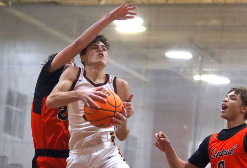 Richmond-Burton’s Dane Gardner works under the hoop against Crystal Lake Central in varsity boys basketball E.C. Nichols tournament championship game action on Saturday, Dec. 27, 2025, at Homer “Bill” Barry Gymnasium on the campus of Marengo High School in Marengo.