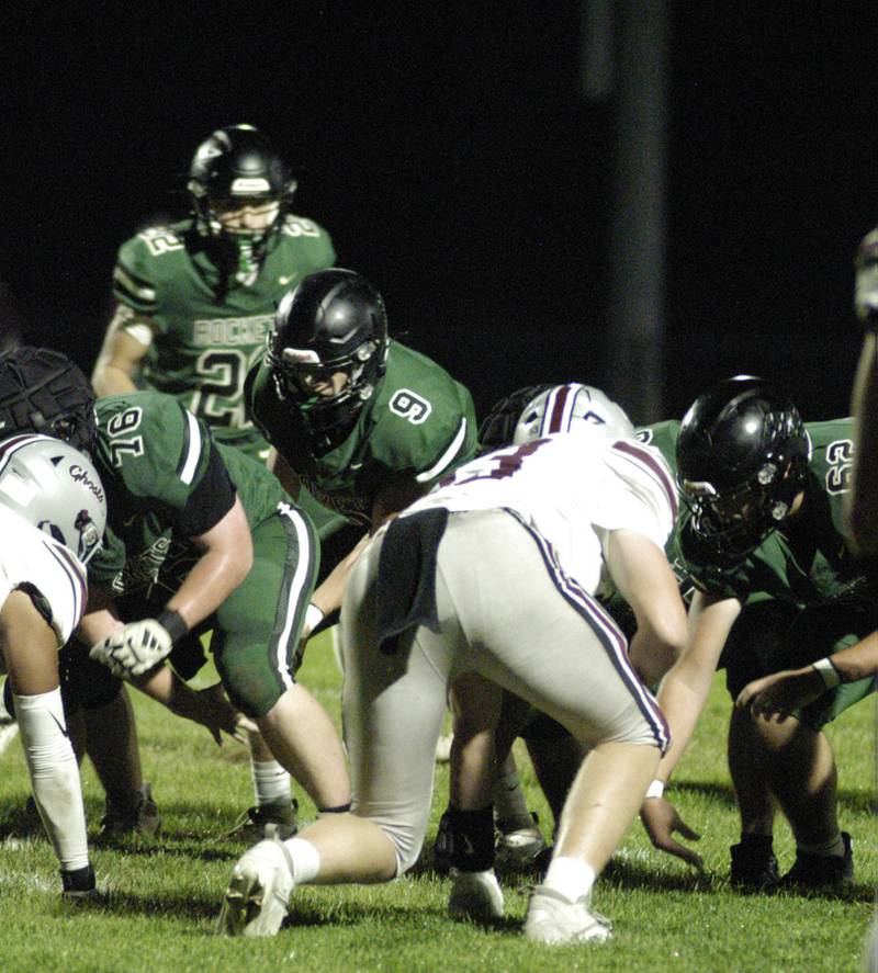 Connor Fritz  of RF takes a ball from under center. The Grey Ghosts of Illinois Valley Central traveled to Hinders Field in Rock Falls on Friday, October 10, 2025 to take on the Rockets.