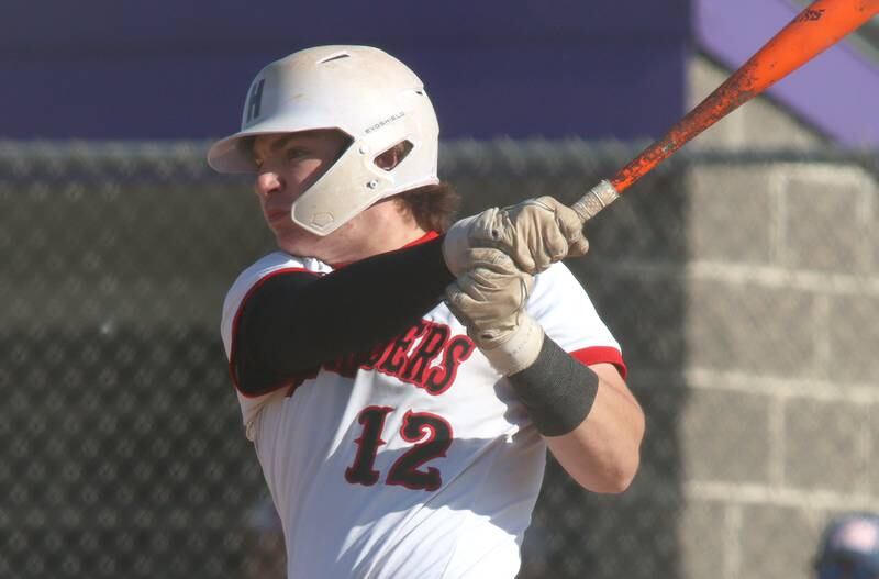 Huntley’s AJ Putty connects against Barrington in sectional semifinal baseball action at Hampshire Wednesday.