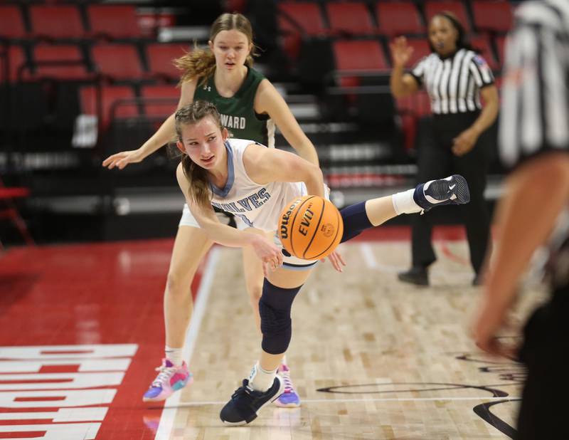 Cissna Park's Julie Edelman attemps to break up a pass intended for St. Edward's Elizabeth Leadly during the Class 1A third place game on Friday, March 7, 2025 at CEFCU Arena in Normal.