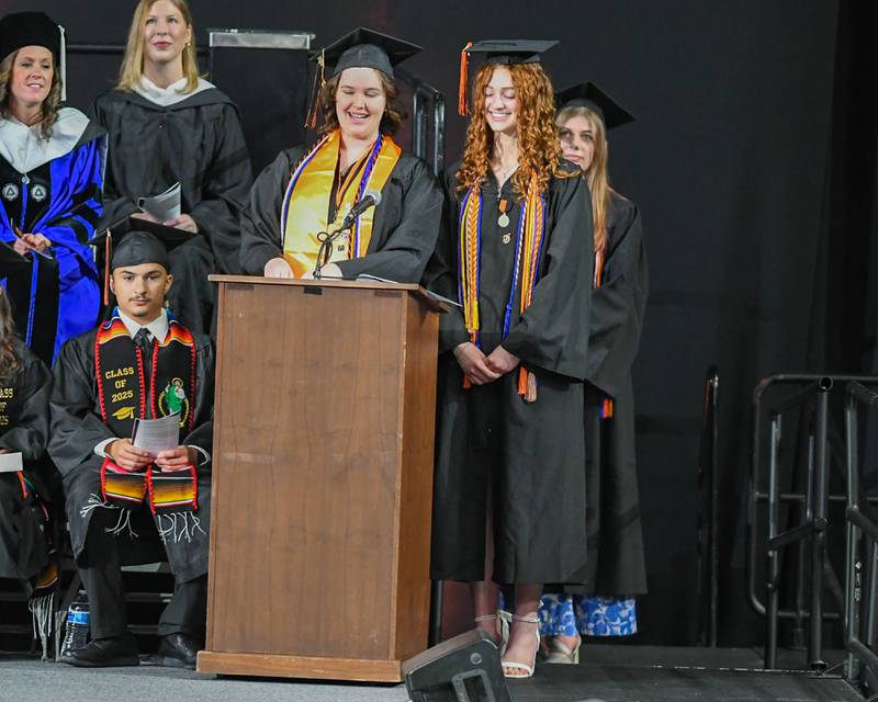 Hope Johnson and Natalie Morken welcome the crowd on Saturday, May 24, 2025, to the Class of 2025 Commencement ceremony held at the NIU Convocation Center in DeKalb.