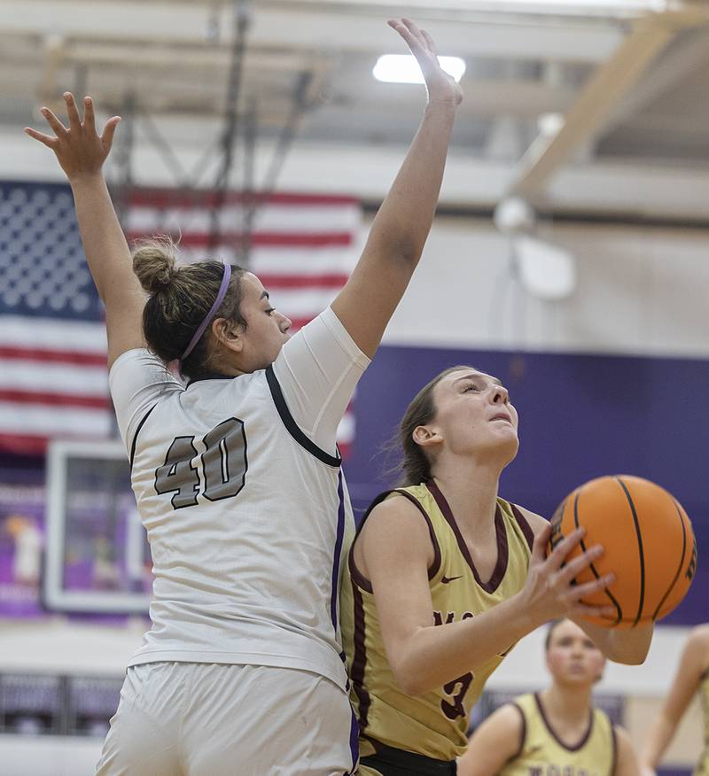 Morris’ Lily Hansen works around Dixon's Hallie Williamson Friday, Jan. 3, 2025, at Dixon High School.