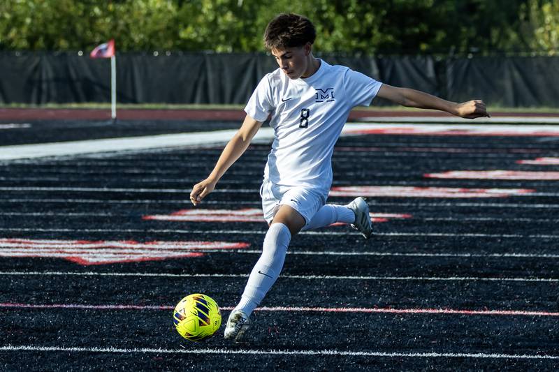 Minooka's Armani Davenport gets ready to kick during a varsity soccer away game against Bolingbrook on Sept. 16, 2025.