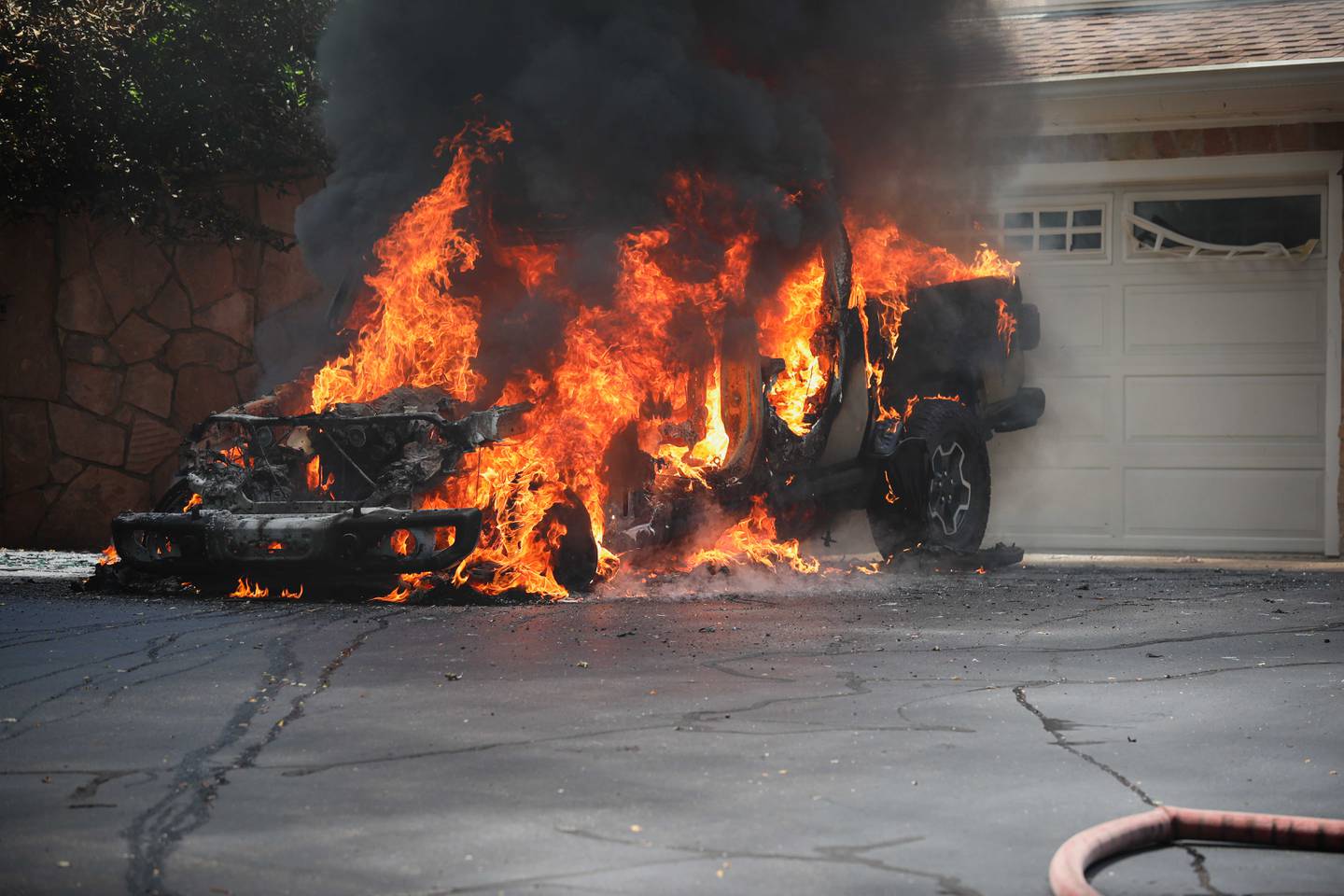 Woodstock Fire/Rescue District crews put out a vehicle fire on Friday, July 5, that gutted a late-model Jeep sitting at the top of a 900-foot-long driveway.
