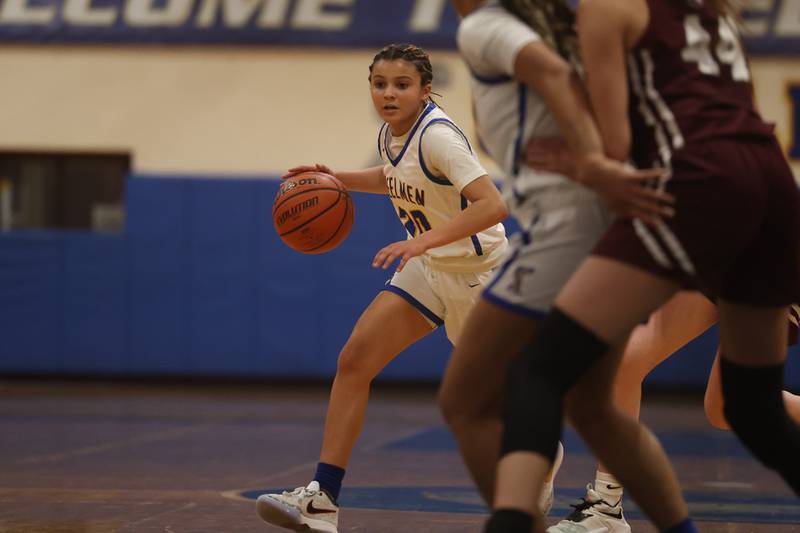 Joliet Central’s Nevaeh Wright works the ball against Lockport.