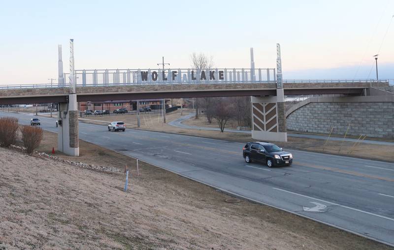 Cars travel underneath the Wolf Lake overpass in the 2700 block of Calumet Avenue near Wolf Lake Memorial Park on Saturday, Feb. 21, 2024 in Hammond Ind.  The location is the potential site of the new Chicago Bears sadium.