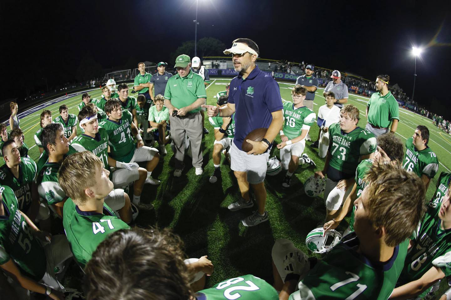 Niles Notre Dame defensive coordinator Dan DeFranza speaks to the Dons during their game against St. Patrick this season. The school announced DeFranza would become the next head coach Thursday. Photo courtesy Steve Woltmann/Notre Dame College Prep.