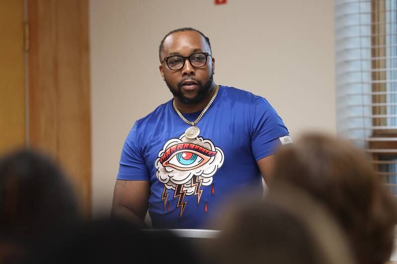 Karl Ferrell speaks at a press conference to promote legislation to eliminate barriers for people with felony convictions from holding elected office on Tuesday, July 11th, 2023 in Joliet.