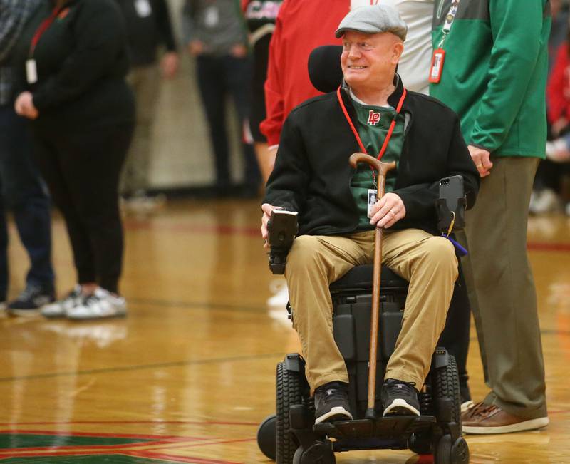 Steve Korsan L-P class of 1987, is introduced at halftime during the La Salle-Peru Township High School Hall of Honor ceremony on Friday, Feb. 7, 2025 in Sellett Gymnasium at L-P High School. Korsan was the head athletic trainer at L-P.