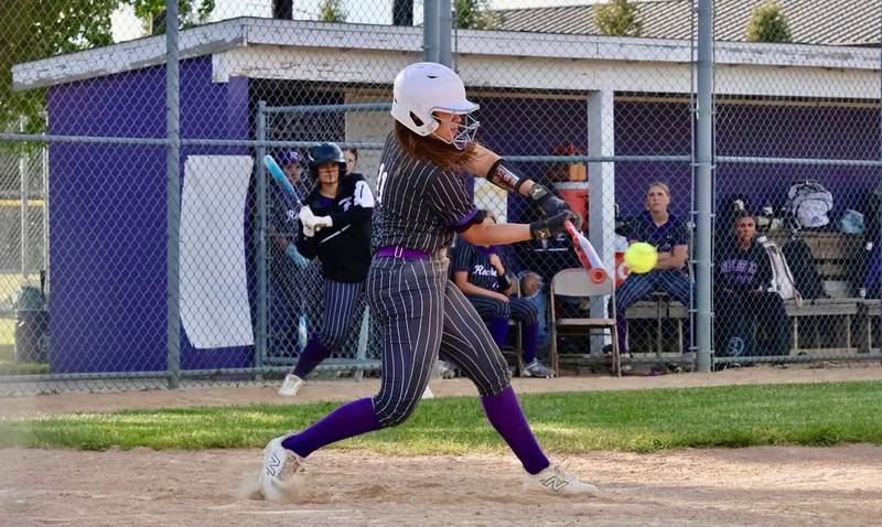 Rochelle's Cheyenne Somers follows through on a swing during the Hubs' game with Sterling. Somers was 3 for 5 with an RBI.