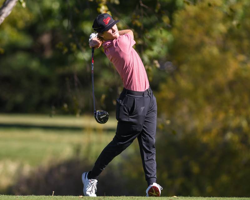 Yorkville's Even Peterson tees off on Monday Oct. 7, 2024, during the 3A sectional match held at Blackberry Oaks Golf Course in Bristol.