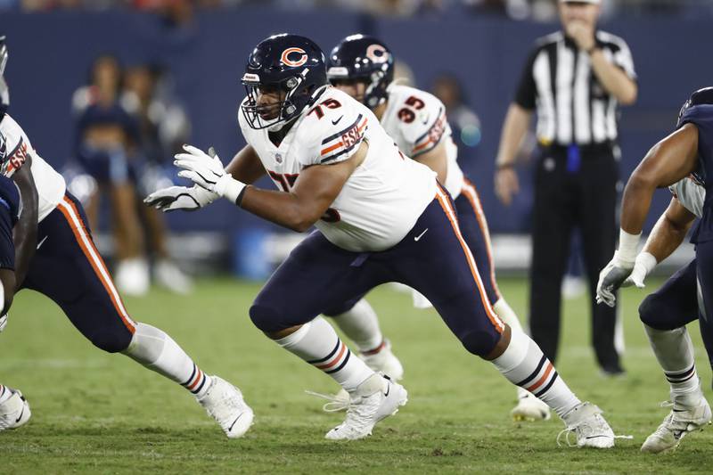 Chicago Bears offensive guard Larry Borom plays against the Tennessee Titans during a preseason game Saturday, Aug. 28, 2021, in Nashville, Tenn.