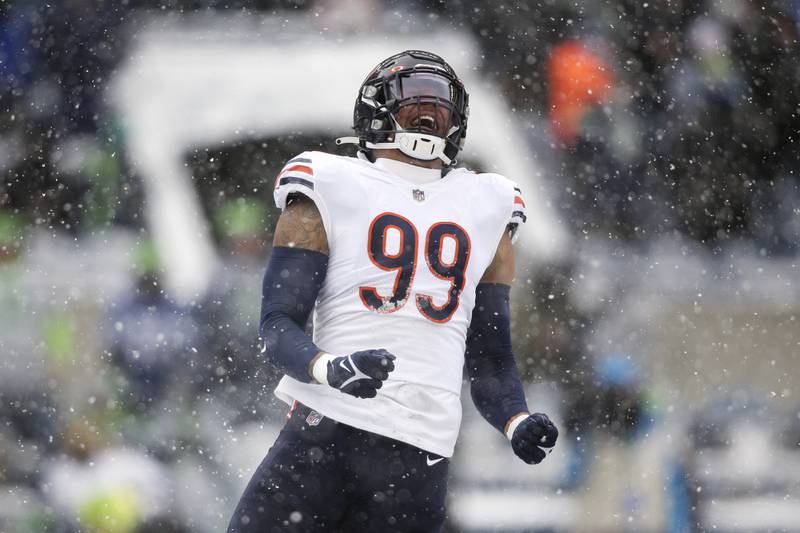 Chicago Bears pass rusher Trevis Gipson reacts to a play against the Seattle Seahawks on Dec. 26, 2021, in Seattle.