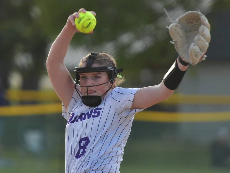 Downers Grove North starting pitcher delivers to a Downers Grove South batter during a game on May 14, 2026 at McCollum Park in Downers Grove.