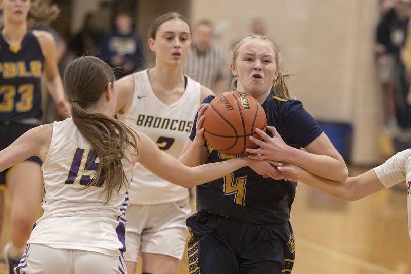 Polo’s Camrynn Jones handles the ball Tuesday, Feb. 21, 2023 in the sectional semifinal against Orangeville.