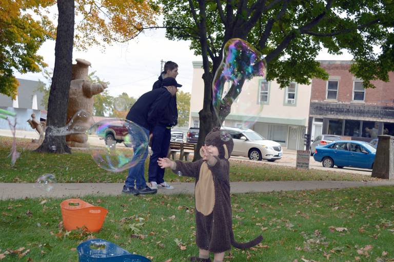 Elijah Shields, 1, of Dixon, reaches for several large bubbles during the Family Fall Festival at the Mt. Morris village square on Oct. 16. Elijah's monkey costume was one of many costumes worn to the event by attendees. This was the festival's first year; it serves as an additional fundraiser for the Let Freedom Ring Fourth of July fireworks.