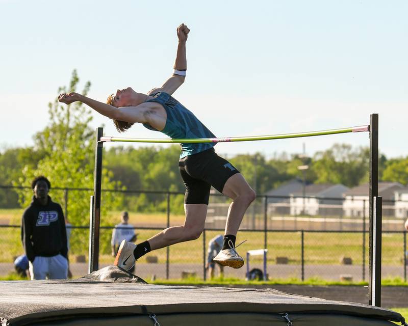 Landon Creighton of Woodstock North competes in the high jump during the Kishwaukee River Conference track meet on Tuesday May 7, 2024, held at Plano High School.