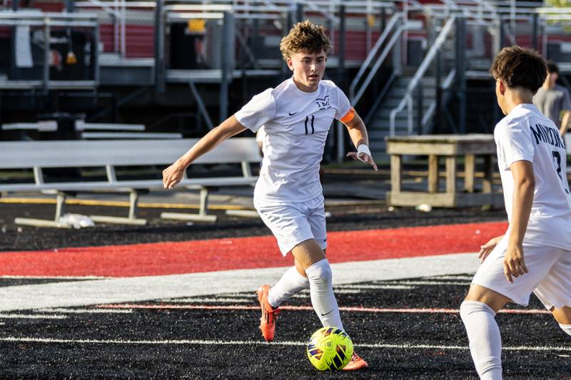 Minooka's Jamie Franson makes a move during a varsity soccer away game against Bolingbrook on Sept. 16, 2025.
