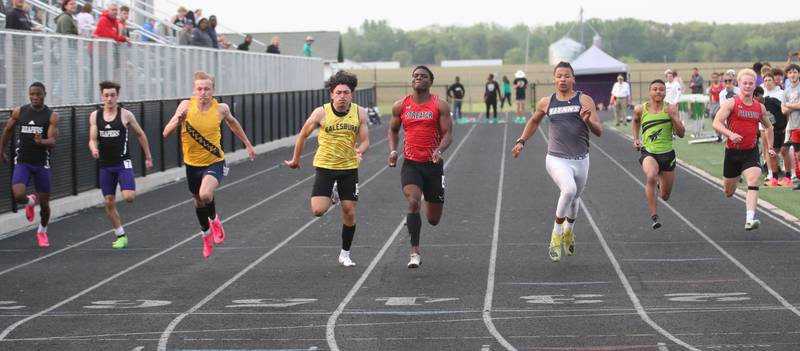(From left) Plano's Waleed Johnson, teammate Tristan Meszaros, Sterling's Dylan Doss, Galesburg's Bryson Thomas, Streator's Annefy Ford, Monmouth's Jerome Jackson, Rock Fall's Adan Oquendo and Collin Jeffries compete in the 100 meter dash during the Class 2A track sectional meet on Wednesday, May 17, 2023 at Geneseo High School.