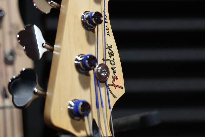 A Fender bass guitar sits in the recording studio at The Illinois Rock and Roll Museum on Route 66. The Museum is expected to be fully open within the month.