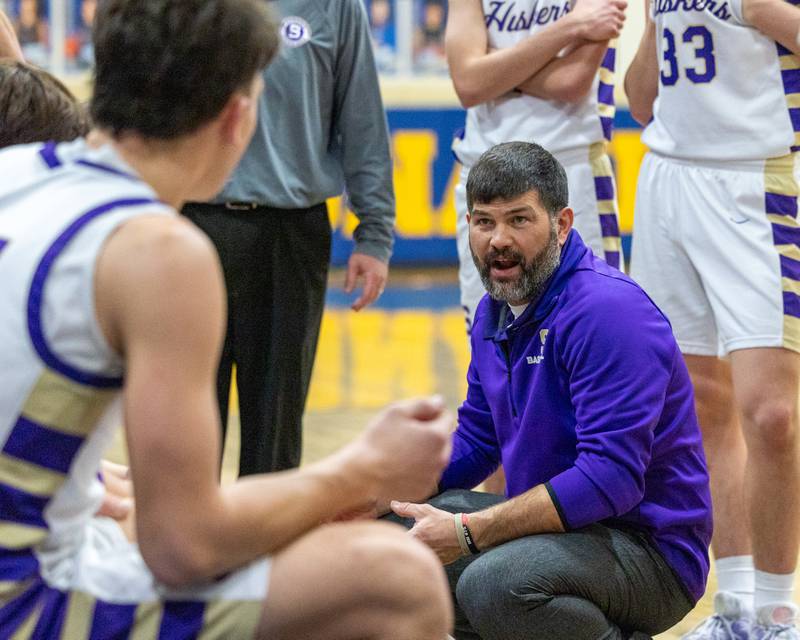 Serena's Head Coach Dain Twain talks to team during timeout in game against IMSA during the quarterfinals of the Little Ten Conference Tournament on Monday, Feb. 2, 2026 at Somonauk High School in Somonauk.