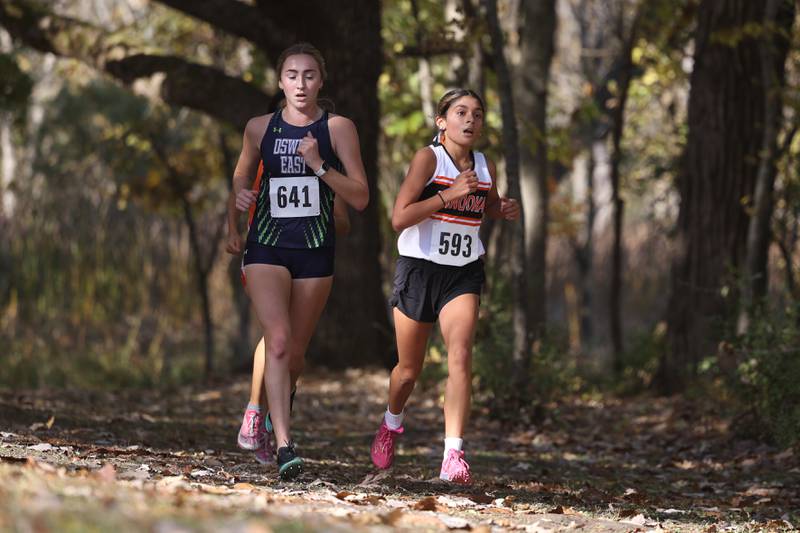 Oswego East’s Morgan Dick and Minooka’s Mia Ledesma run side by side in the Girls Cross Country Class 3A Minooka Regional at Channahon Community Park on Saturday.