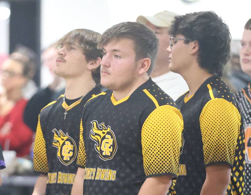 Members of the Reed Custer bowling team watch a teammate bowl on Friday, Jan. 16, 2026 at the Illinois Valley Super Bowl in Peru.